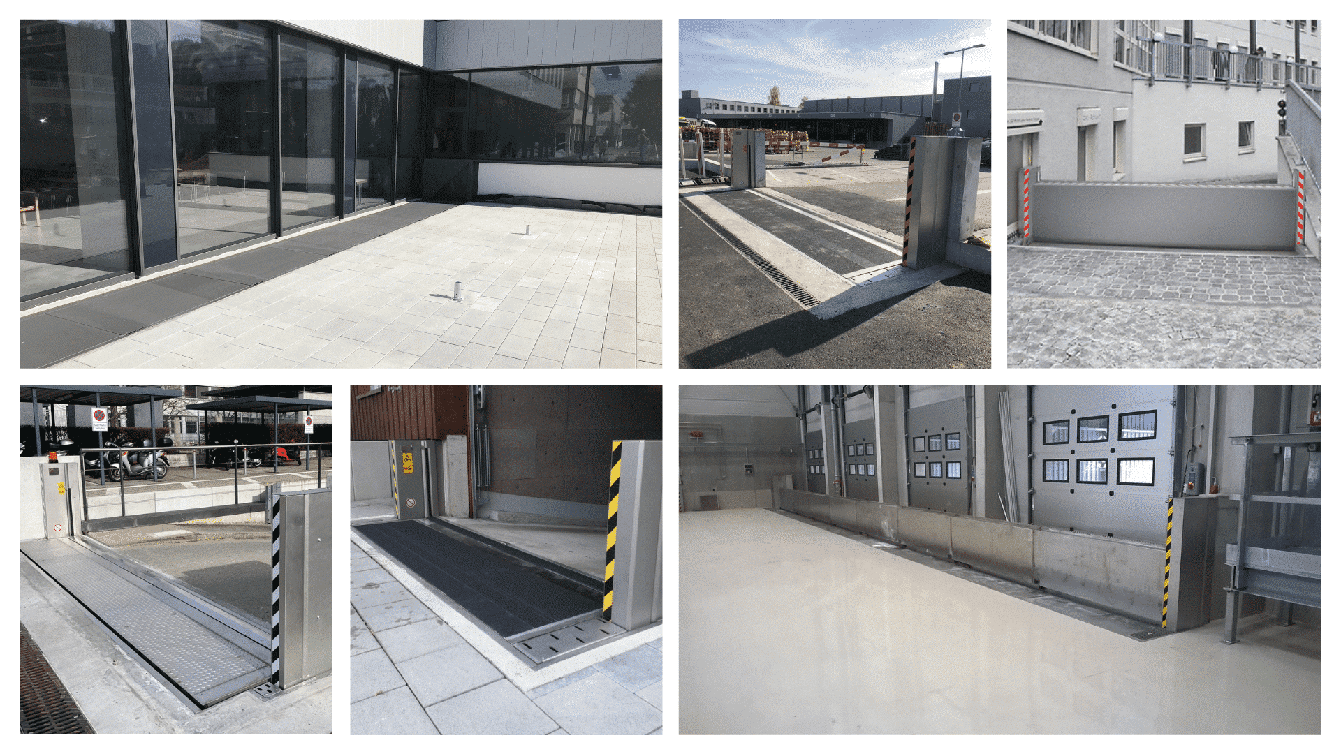 Collage showing different applications for flood barriers, including garages and other openings.