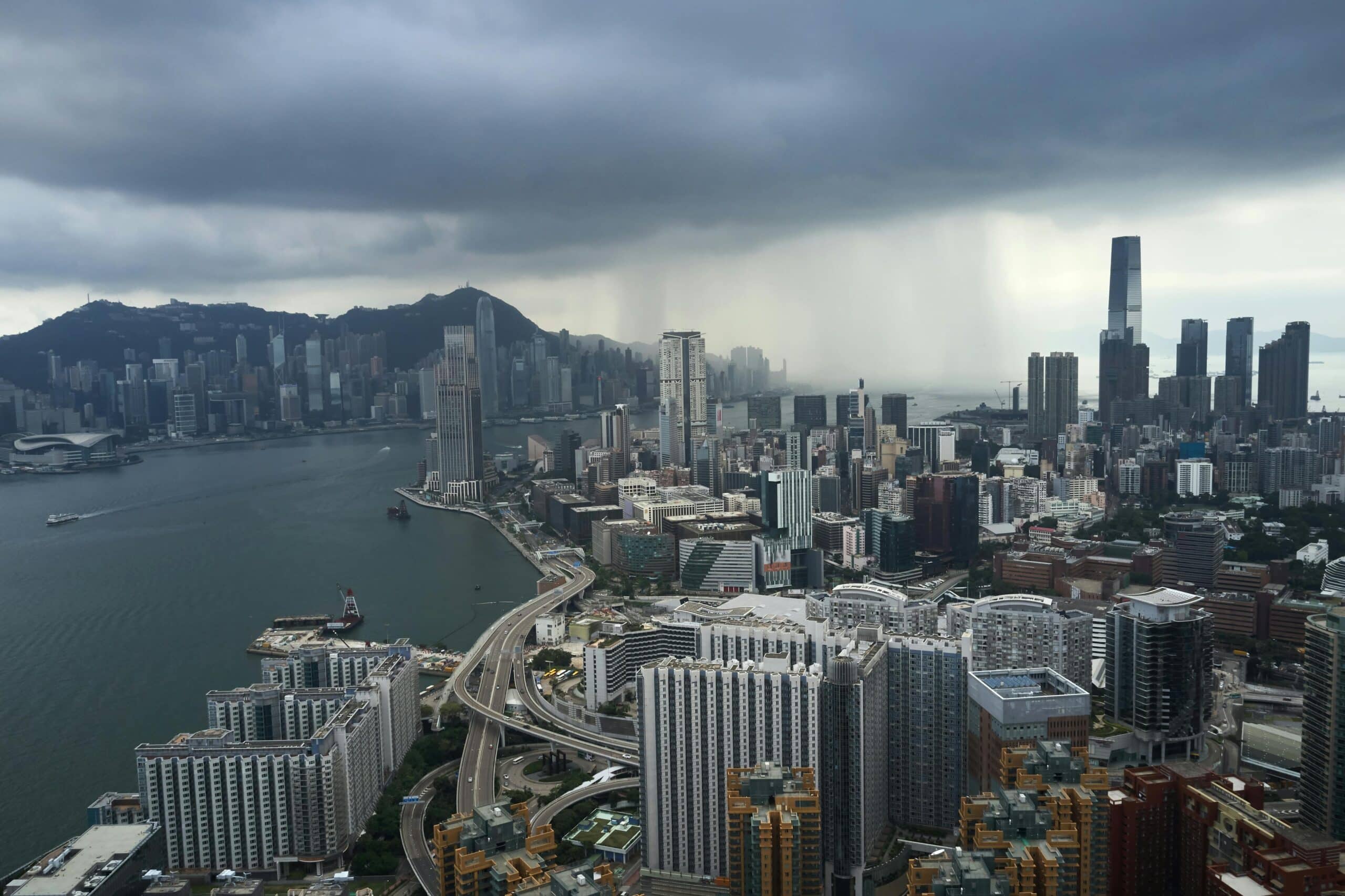 typhoon season Aerial view of Kowloon, Hong Kong with towering skyscrapers During Hong Kong's typhoon season.